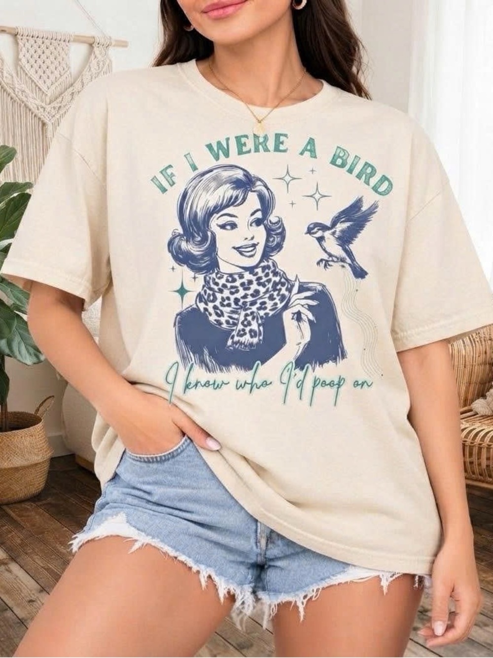 Vintage Cream ‘If I Were A Bird’ Tee with Navy & Teal Retro Bird Design